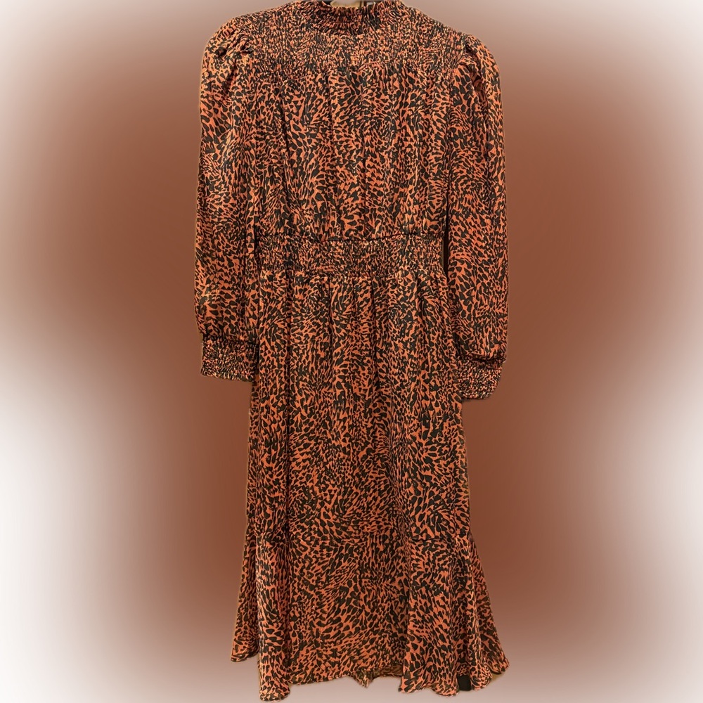 Nanette Lepore Rust & Black Animal Print Smocked Midi Dress, Size 4, NWT
